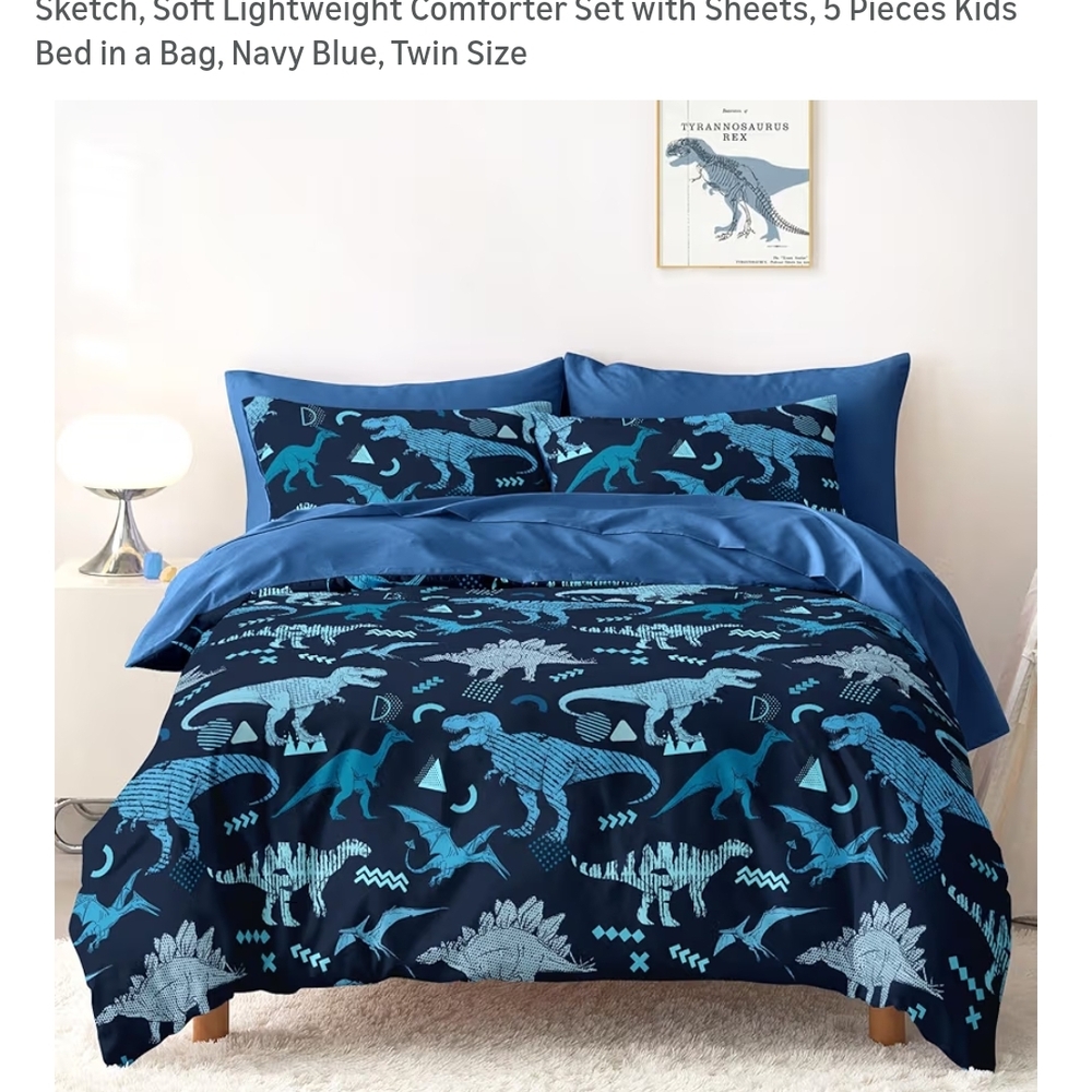 Dinosaur Pattern Kids Comforter Set - Navy Blue